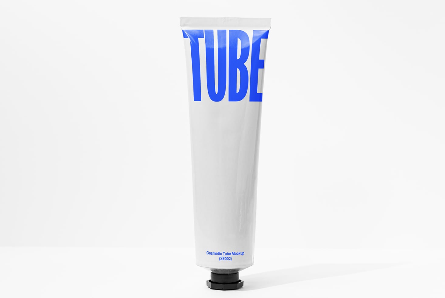 White cosmetic tube mockup with bright blue TUBE text label on front