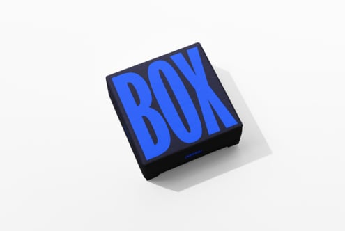 Dark navy square box mockup with bright blue BOX text on top
