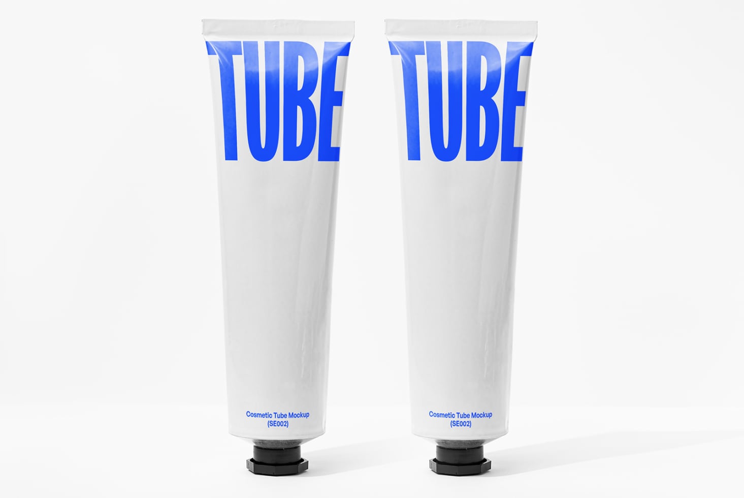 Two white cosmetic tubes with bold blue TUBE text design on labels