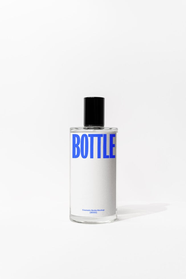 Clear cosmetic bottle with black cap, blue BOTTLE text on white label