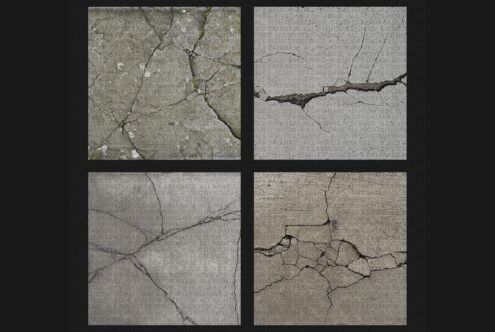 Four damaged concrete textures showing cracks moss growth weathering
