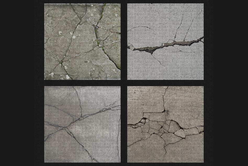 Four damaged concrete textures showing cracks moss growth weathering