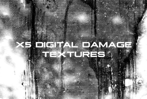 X5 digital damage textures title on glitchy grainy background