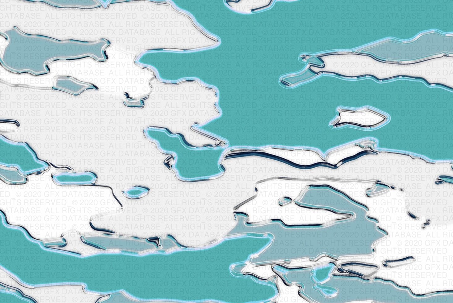 Turquoise water texture with white cloud-shaped organic forms outlined in dark blue