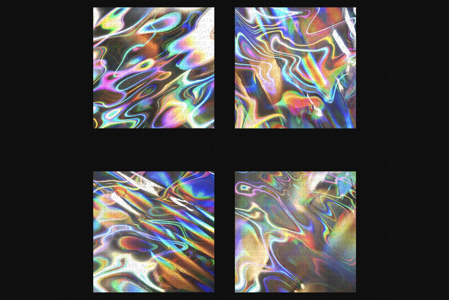 Four vibrant iridescent liquid swirl tiles with electric neon line work detail