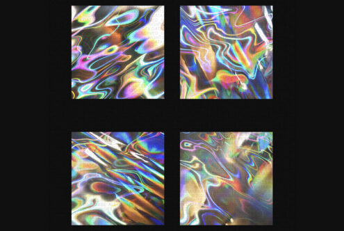 Four vibrant iridescent liquid swirl tiles with electric neon line work detail