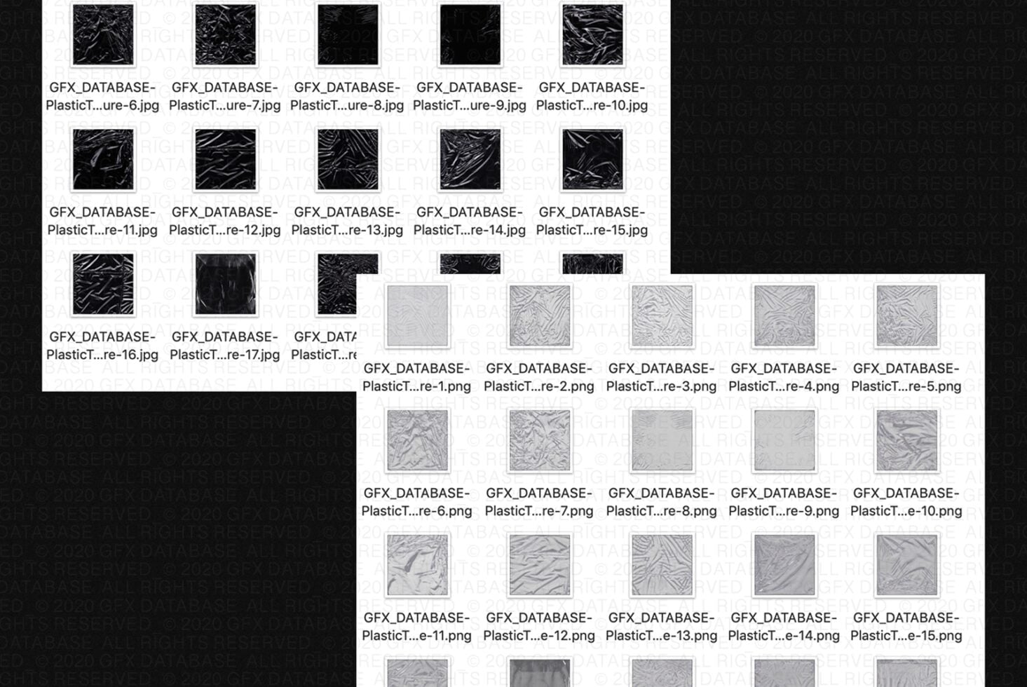 File browser showing thumbnails of plastic texture variations in black white gray