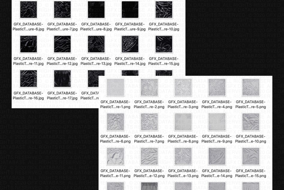File browser showing thumbnails of plastic texture variations in black white gray