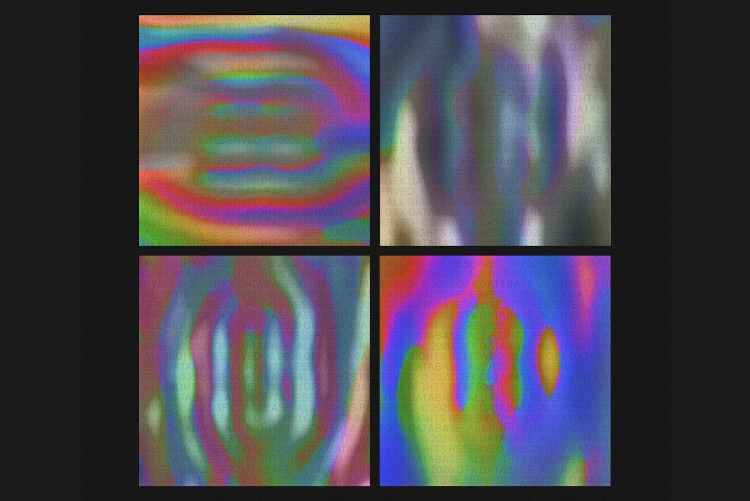 Four trippy liquid holographic textures with neon outlines swirling across dark backgrounds