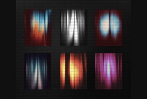 Six colorful glitch textures in grid: red, white, blue, orange, magenta with light effects