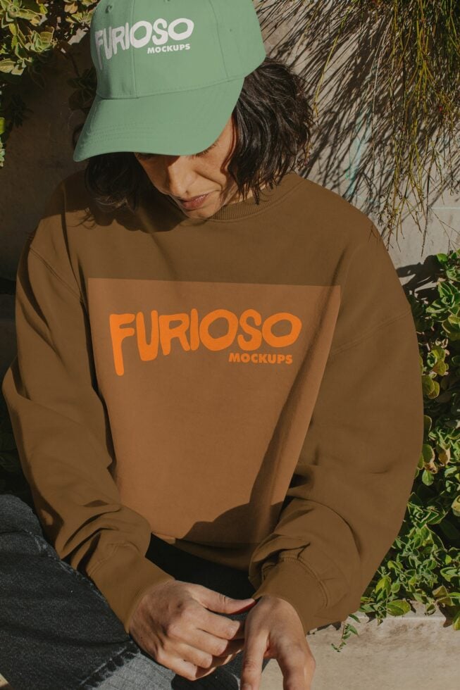 Person wearing tan crewneck sweatshirt with orange Furioso logo sitting outdoors with plants