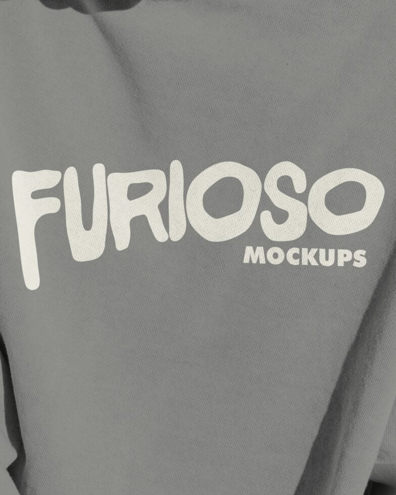 Close-up of gray crewneck sweatshirt with white Furioso text printed on chest