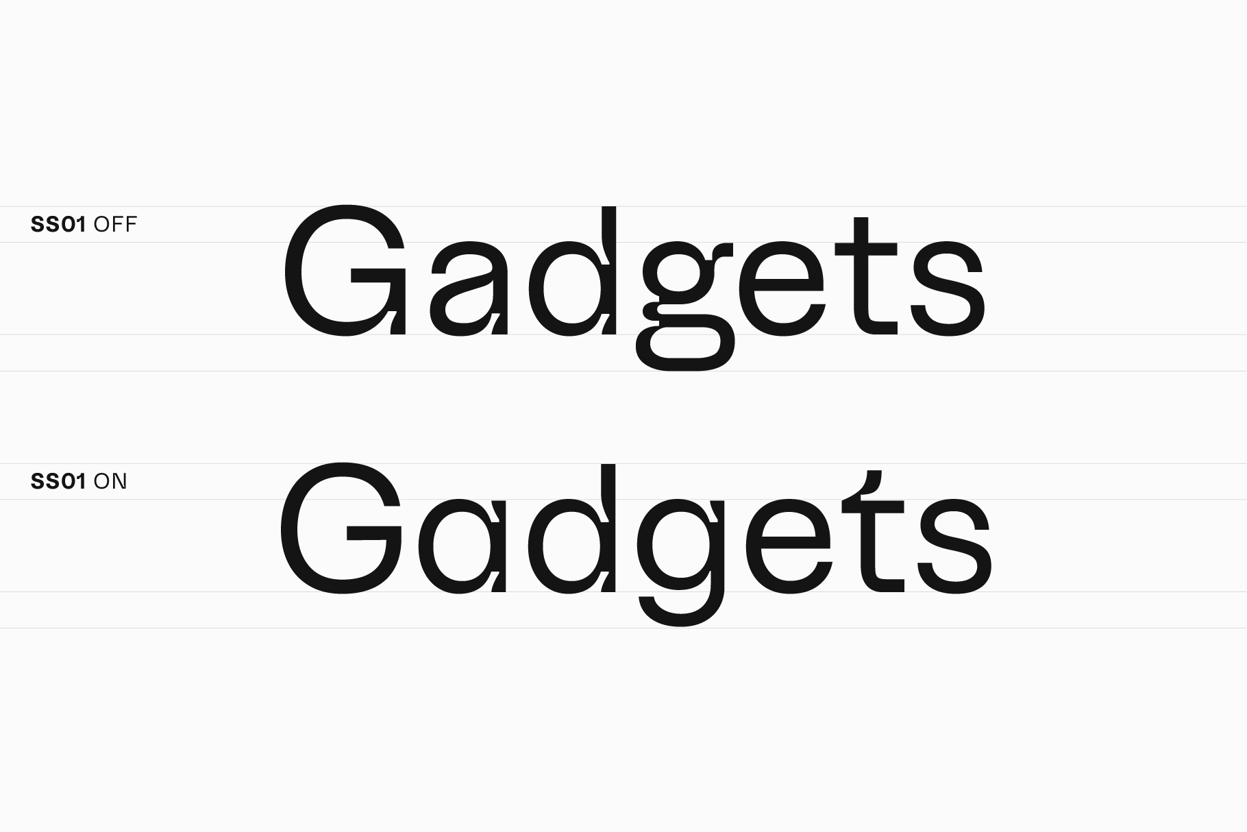 Gadgets typeface comparison showing off state versus on state
