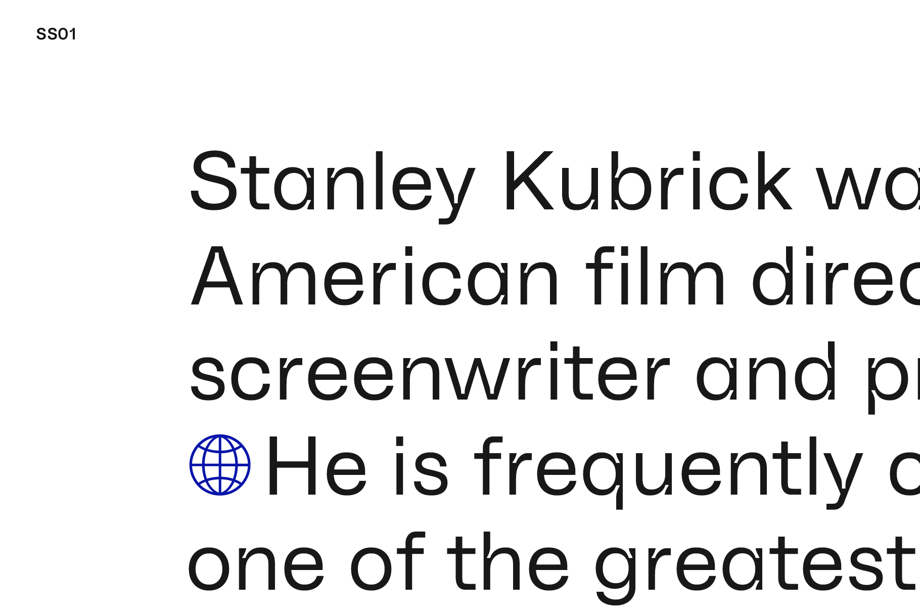 Stanley Kubrick biography text on white background with globe icon