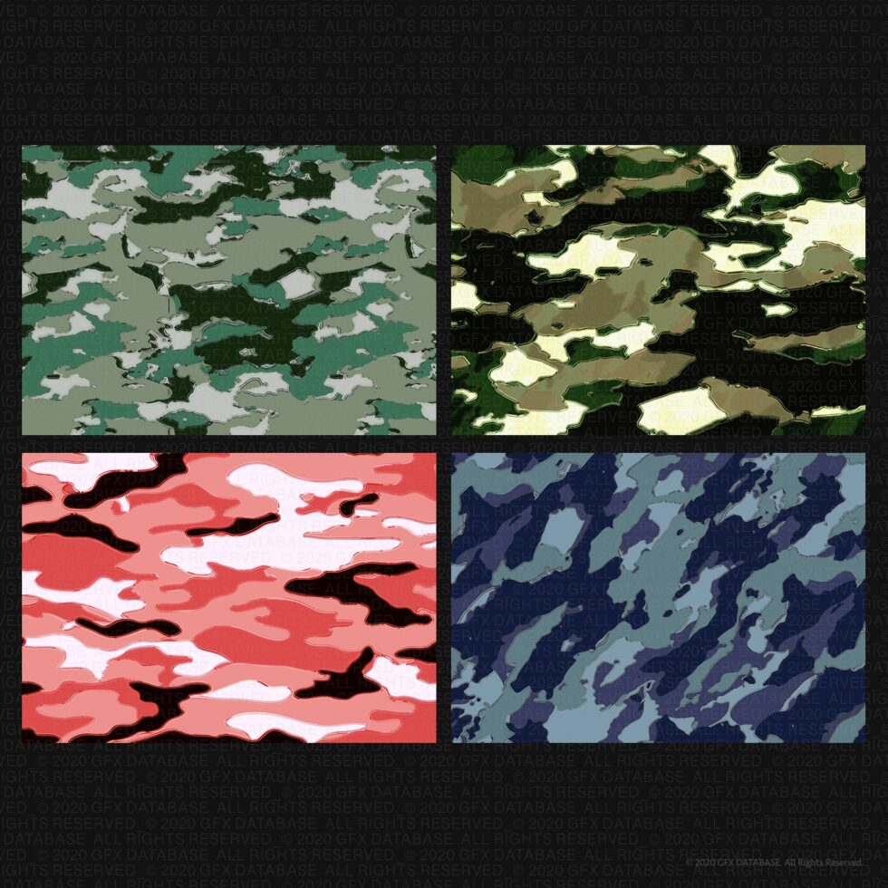Four camouflage pattern swatches in green, tan, red, blue with torn edge effect