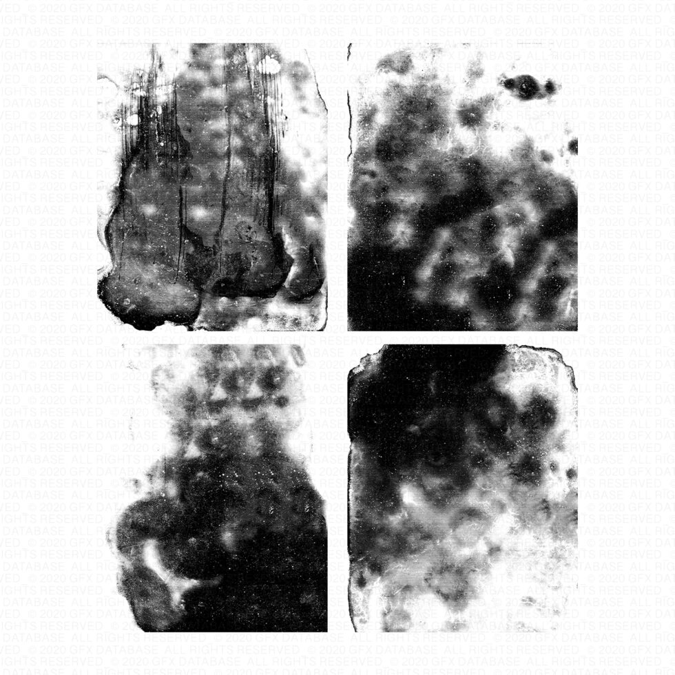 Four black white distressed grunge textures with film grain noise