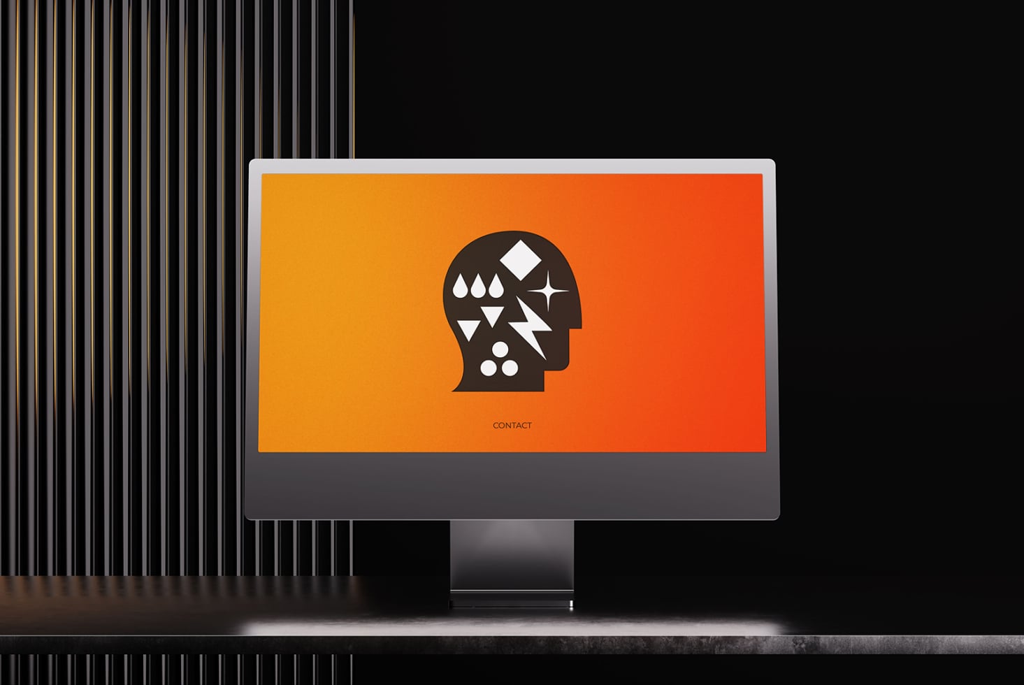 iMac showing vibrant orange gradient background with geometric head icon