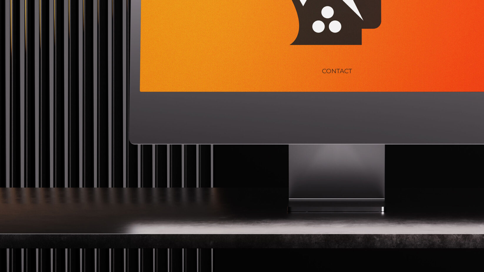 Desktop monitor displaying orange interface design with vertical stripe wallpaper backdrop