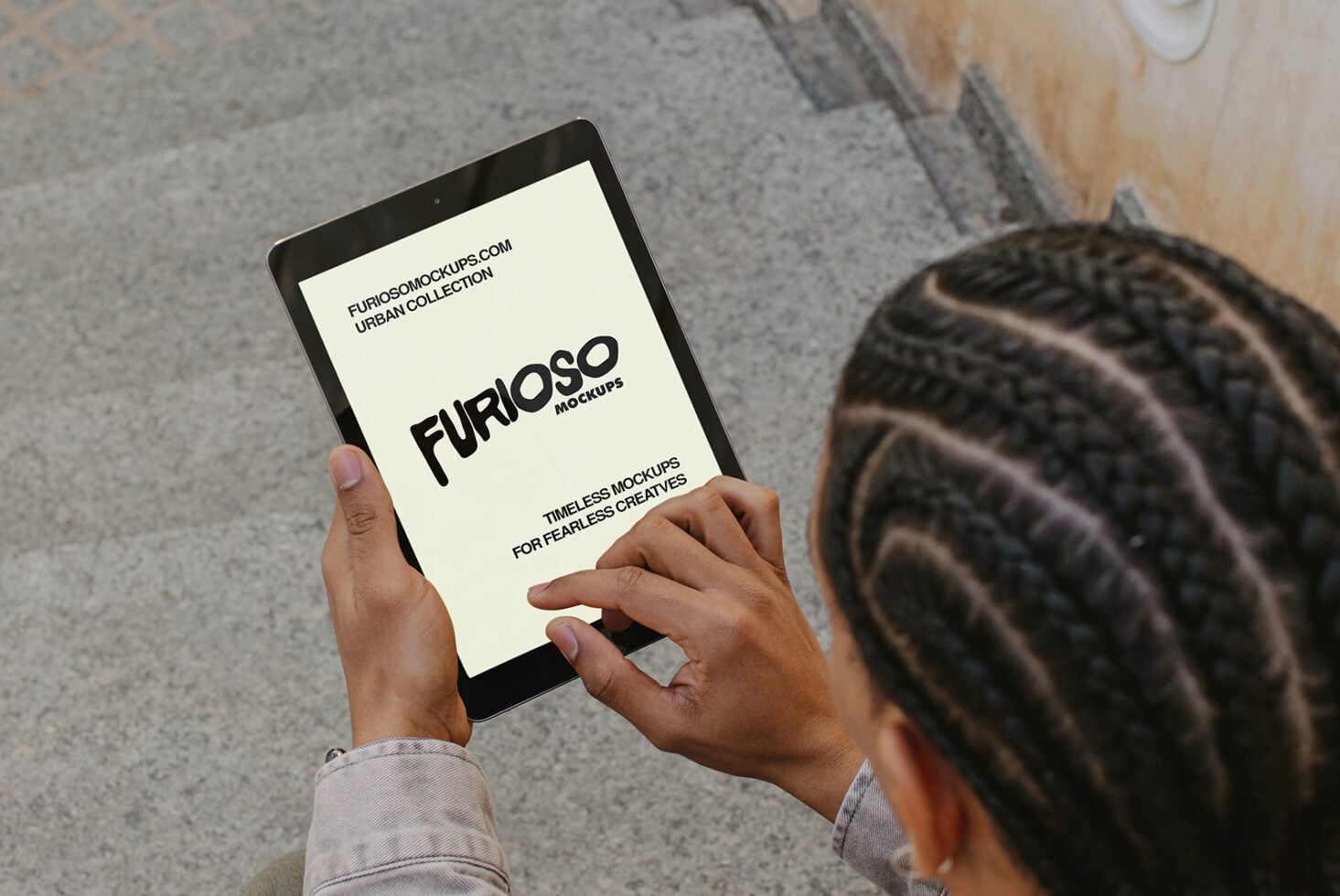 Phone display in hands showing cream background with text overlay