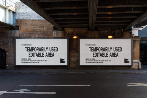 Two large rectangular billboards under bridge, white background with black text