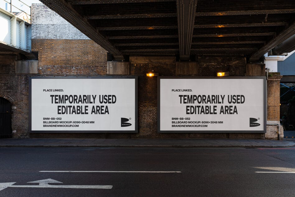 Two large rectangular billboards under bridge, white background with black text