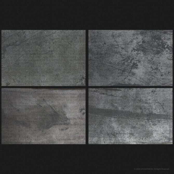 Four distressed metal panels with scratches, grime, varying wear patterns throughout
