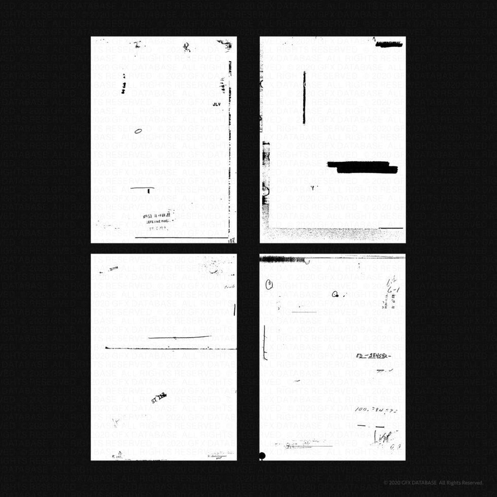 Four grungy photocopied document pages scattered on black with heavy creasing debris