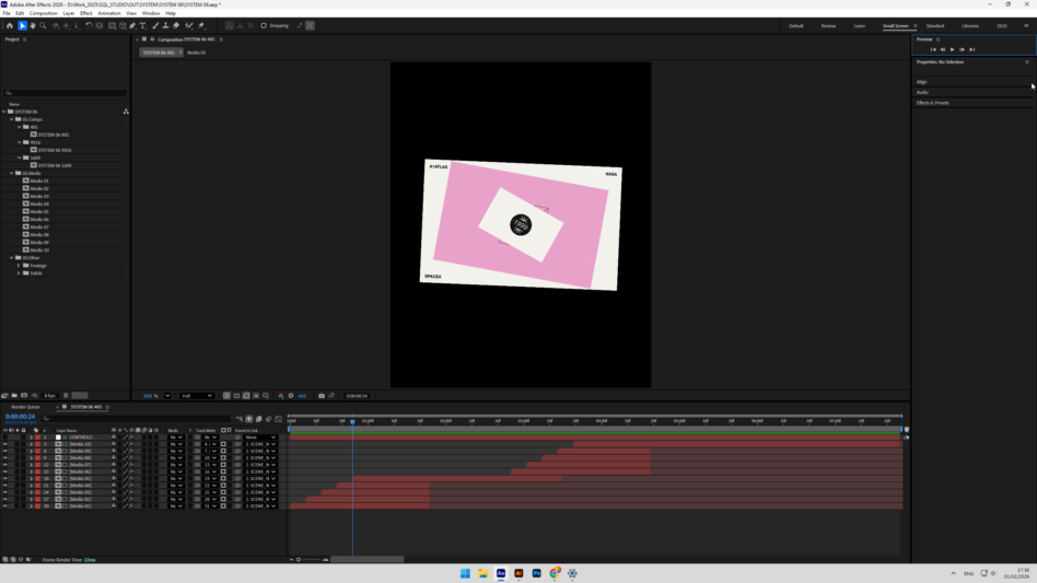 After Effects timeline showing pink business card mockup with circular logo on white