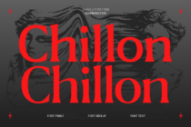 Chillon font family specimen with classical sculpture background in red
