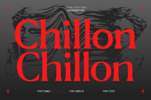 Chillon font family specimen with classical sculpture background in red