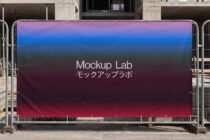 Mesh fence banner with pink blue gradient showing Mockup Lab in white text