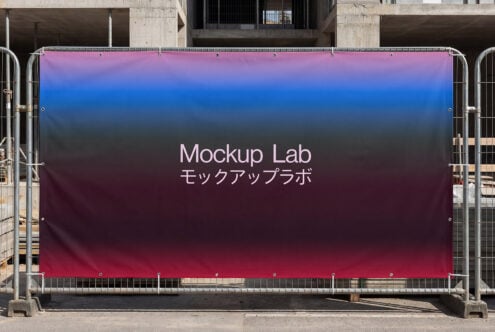 Mesh fence banner with pink blue gradient showing Mockup Lab in white text