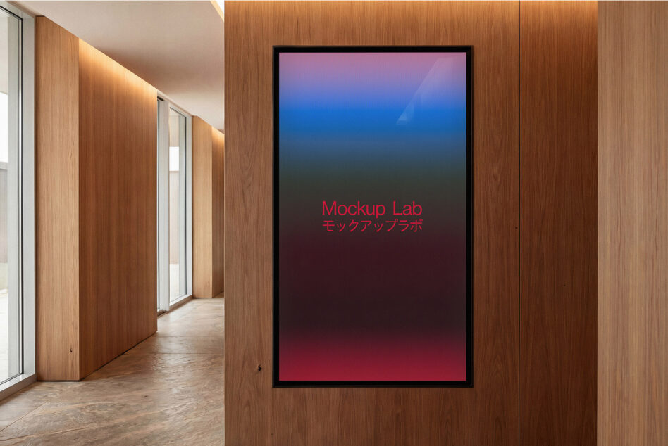 Large portrait frame on wood wall with blue to red gradient display