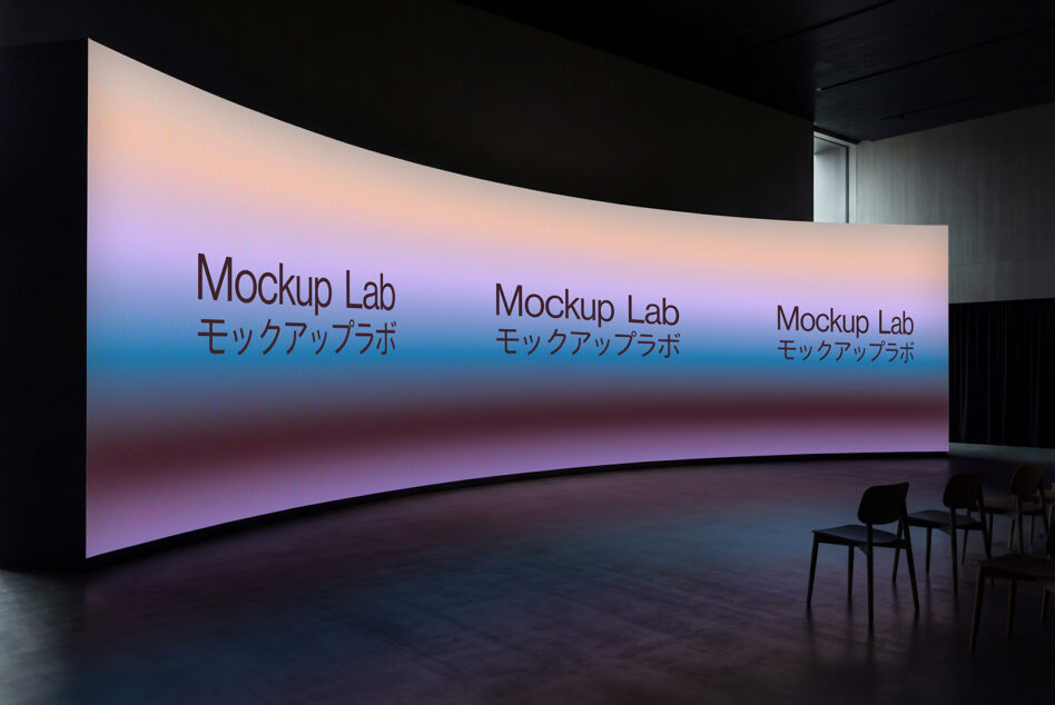 Large curved LED display mockup with soft gradient colors in modern interior