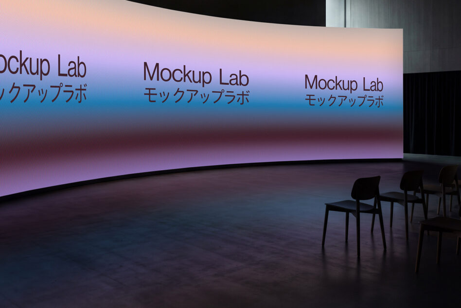 Curved display screen mockup with gradient purple to blue glow in dark gallery space