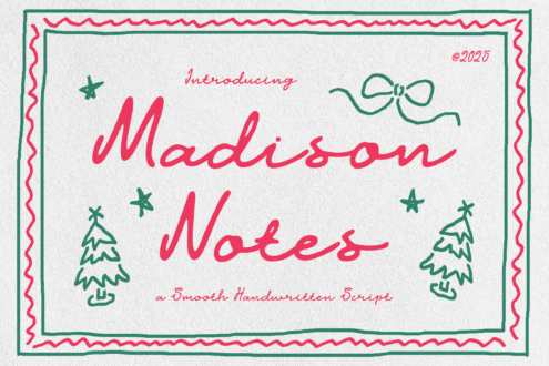 Handwritten font Madison Notes with festive elements like stars trees and bow in pink and green suitable for seasonal greeting card or template design