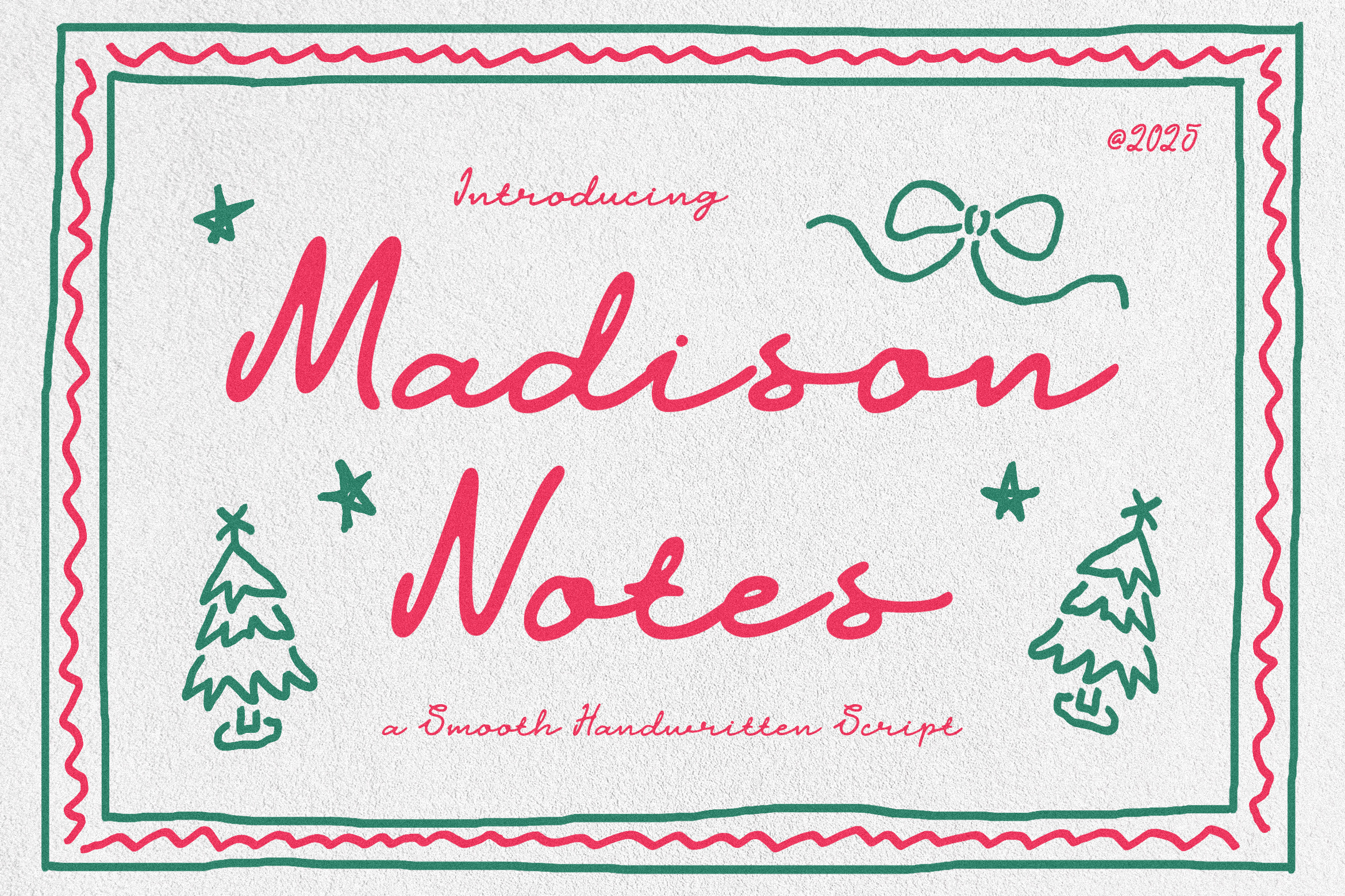 Handwritten font Madison Notes with festive elements like stars trees and bow in pink and green suitable for seasonal greeting card or template design