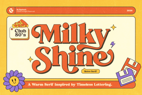 Milky Shine serif typeface sample on yellow background with 80s club vibes pizza flower graphics