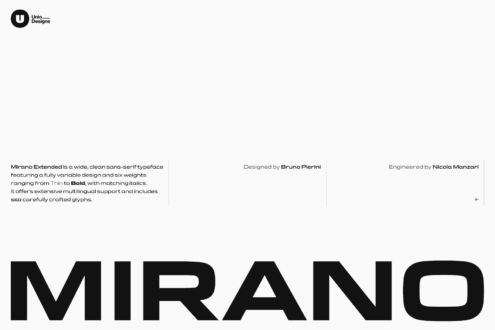 Mirano Extended font family overview with six weights from Thin to Bold, designer credits