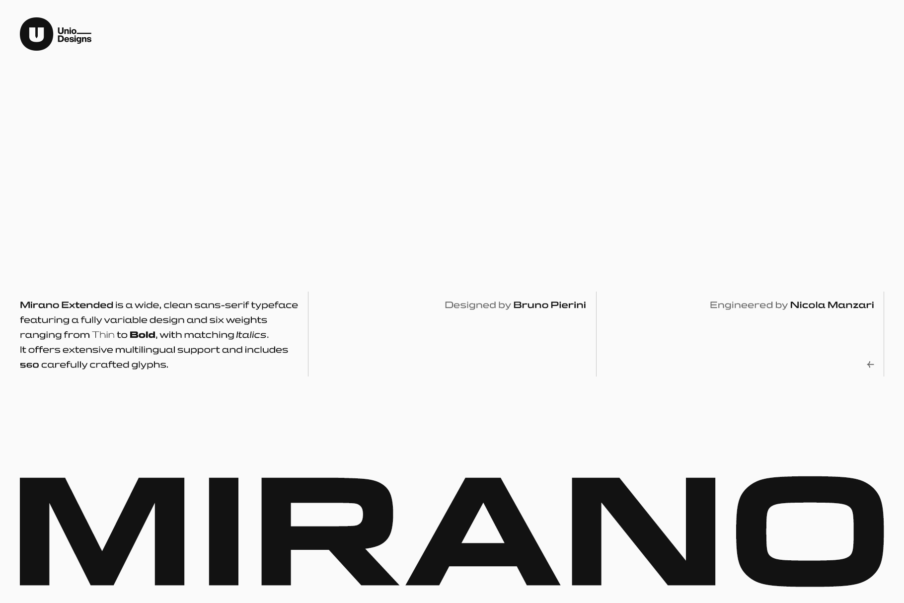 Mirano Extended font family overview with six weights from Thin to Bold, designer credits