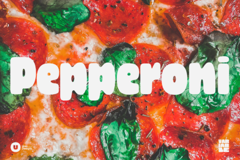 Font design inspired by a pepperoni pizza featuring vivid red and green toppings. Bold, playful typography ideal for graphics and templates.