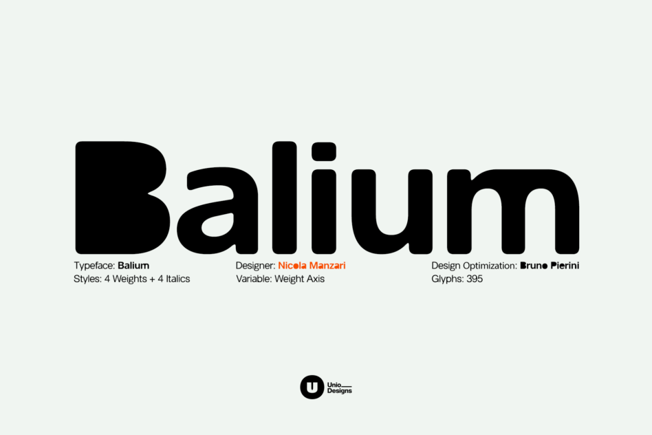 Balium typeface name with designer Nicola Manzari credits below