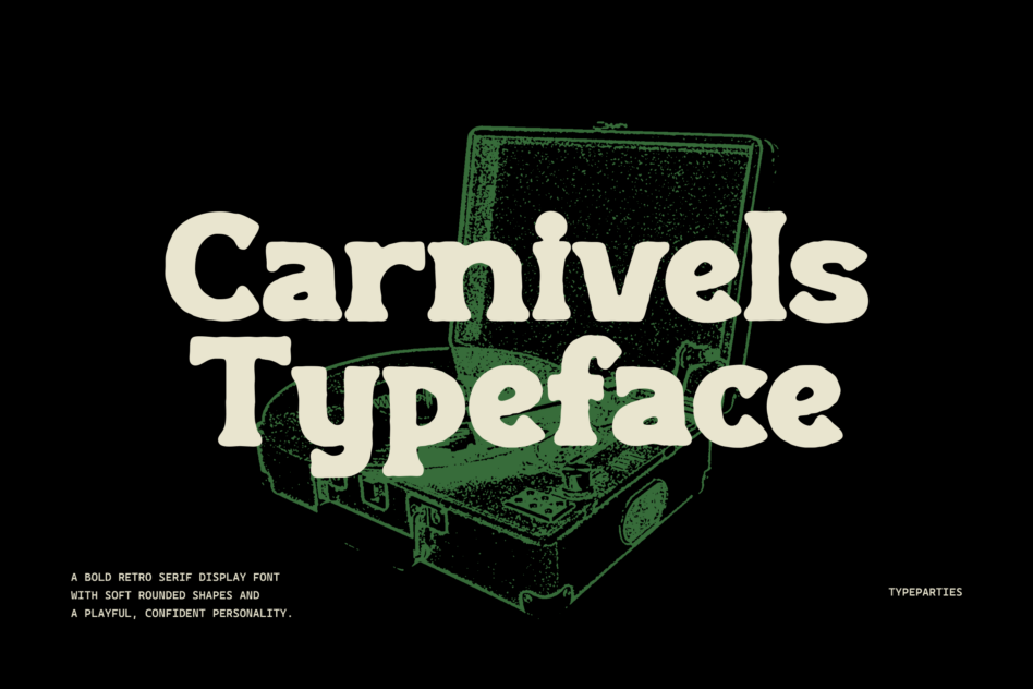 Carnivals Typeface font with green suitcase graphic on black background