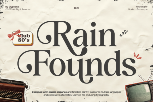 Retro Serif font with grunge texture, vintage 80s club badge, typewriter, old TV set on cream background