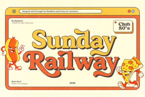 Sunday Railway retro serif typeface in vintage browser window mockup