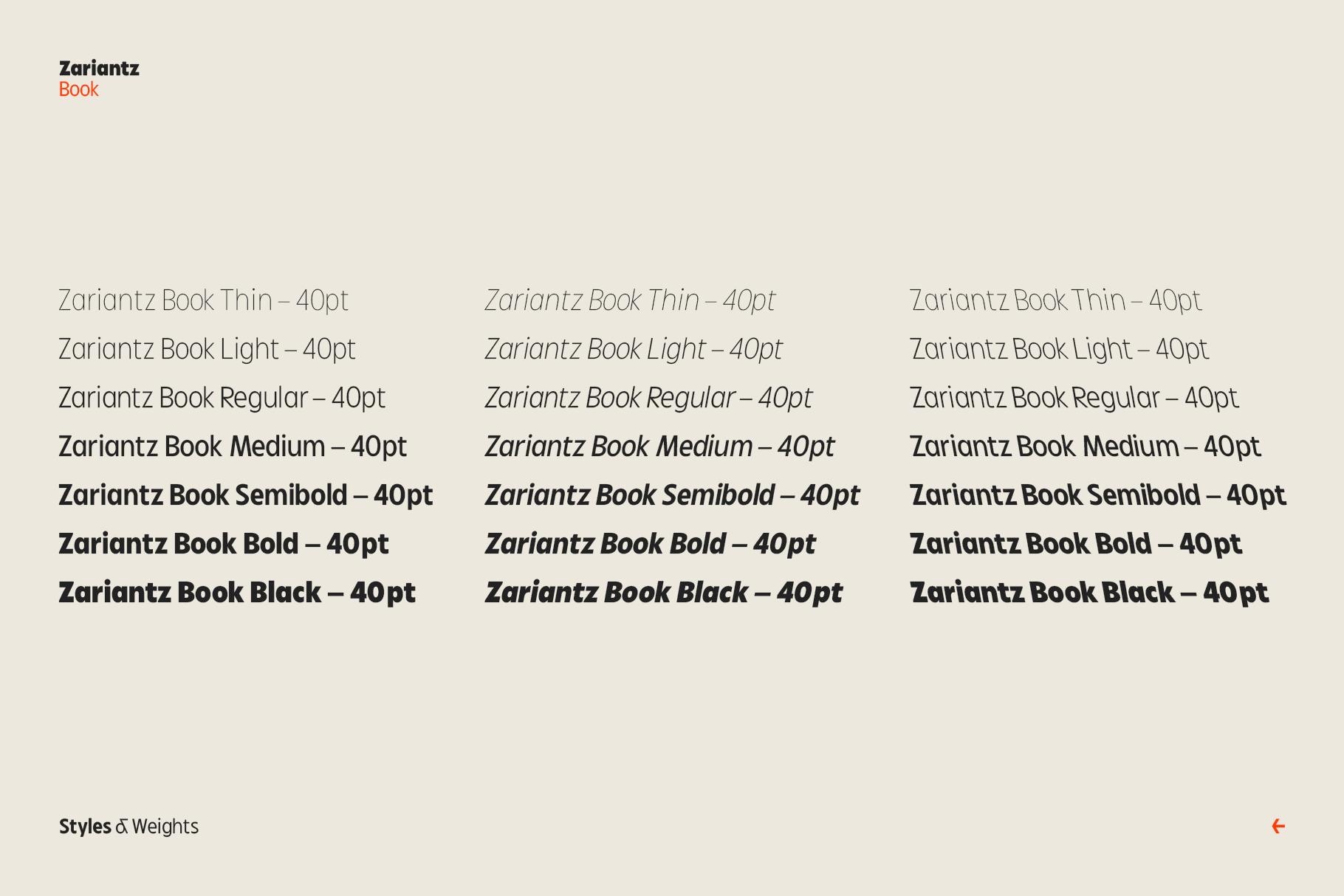 Zariantz Book font family showing all weights from thin to black