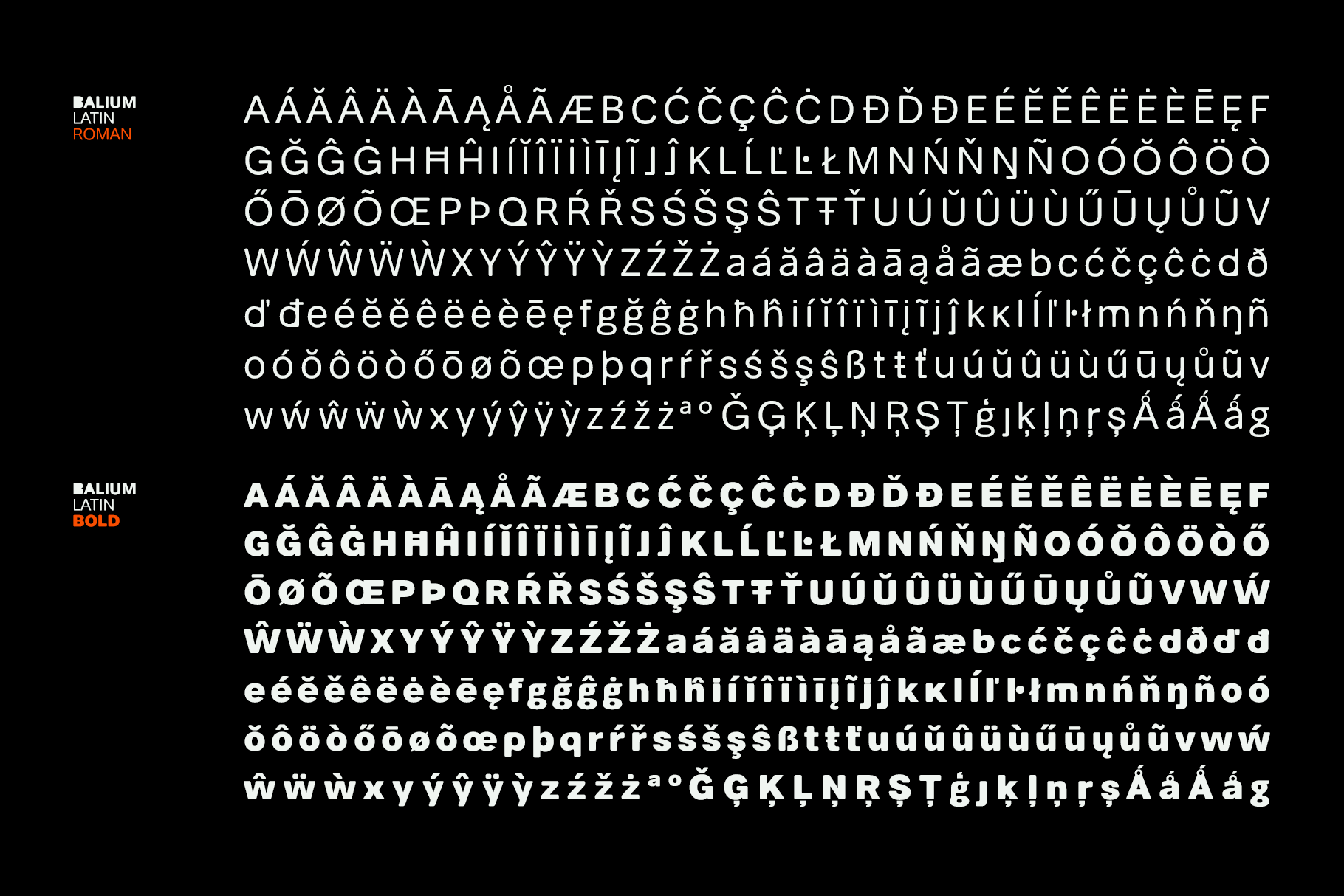 Balium Latin typeface showing Roman Bold weights with extensive diacritical marks, accents, ligatures