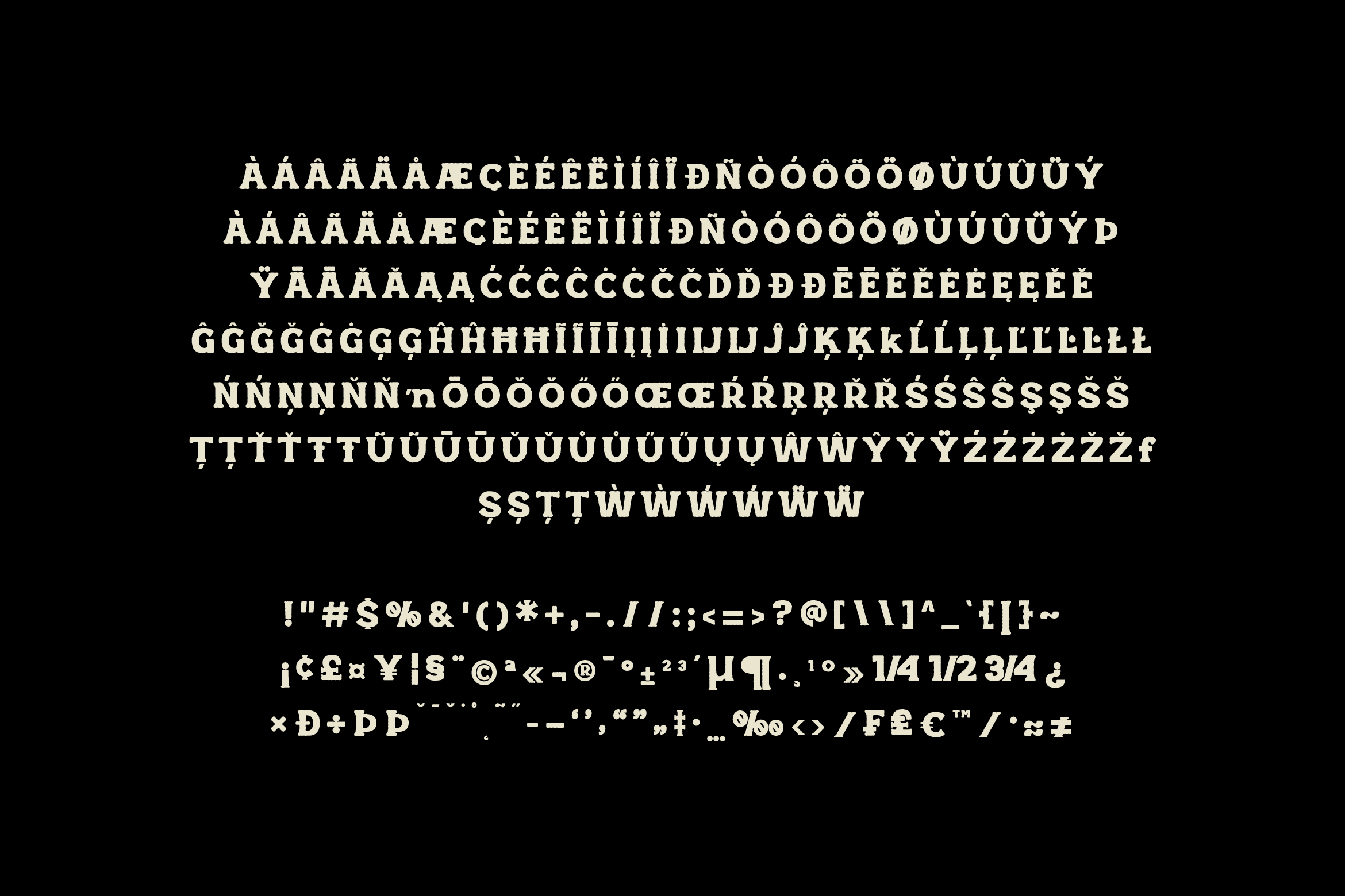 Font character set with accented letters, symbols, numbers on black background
