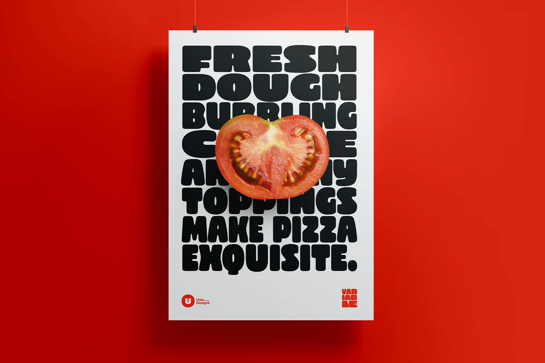 Poster with bold black letters on white, tomato slice in center, red background