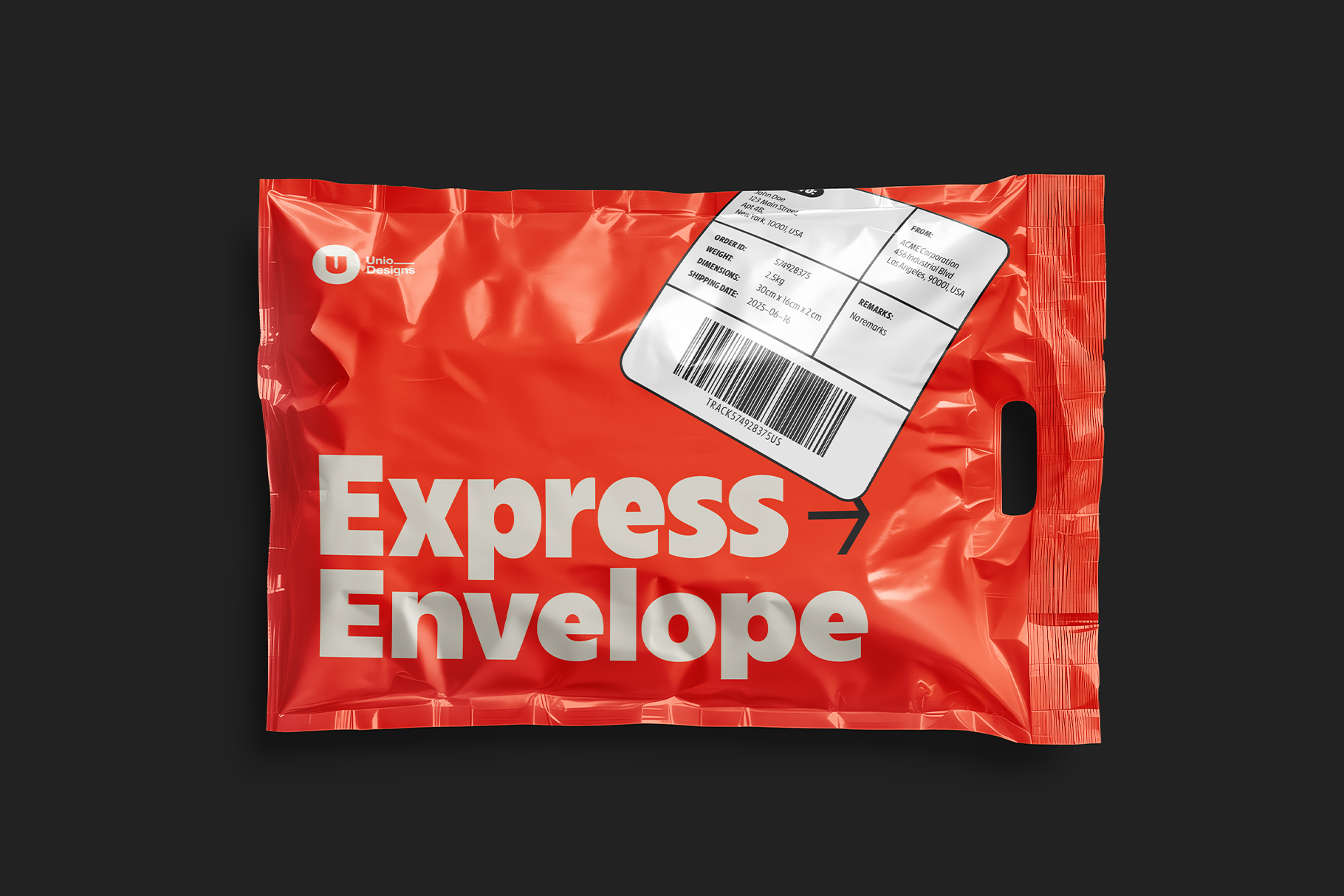 Red express envelope mailer mockup with shipping label